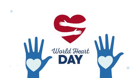 world heart day lettering animation with hearts in hands