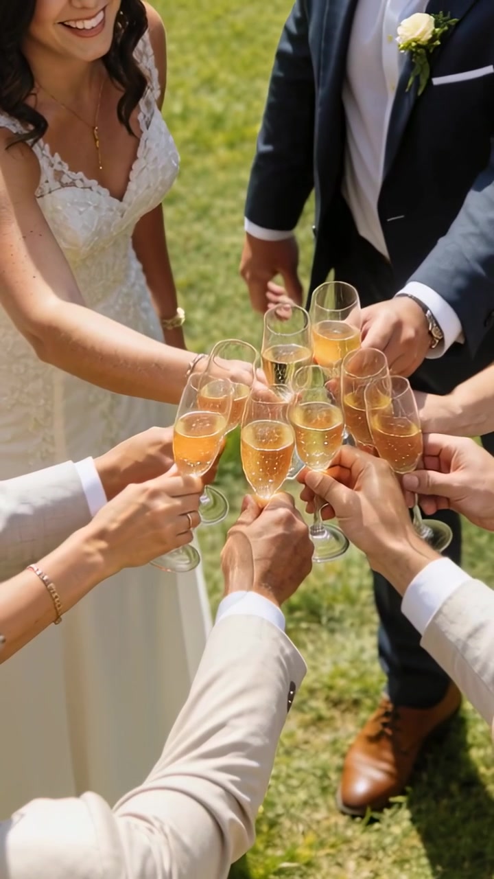 Vertical video: Bringing flutes, guests toasting newlyweds on grass, wedding dress boutonniere