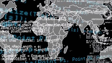 animación del procesamiento de datos sobre un mapa del mundo gris sobre un fondo negro
