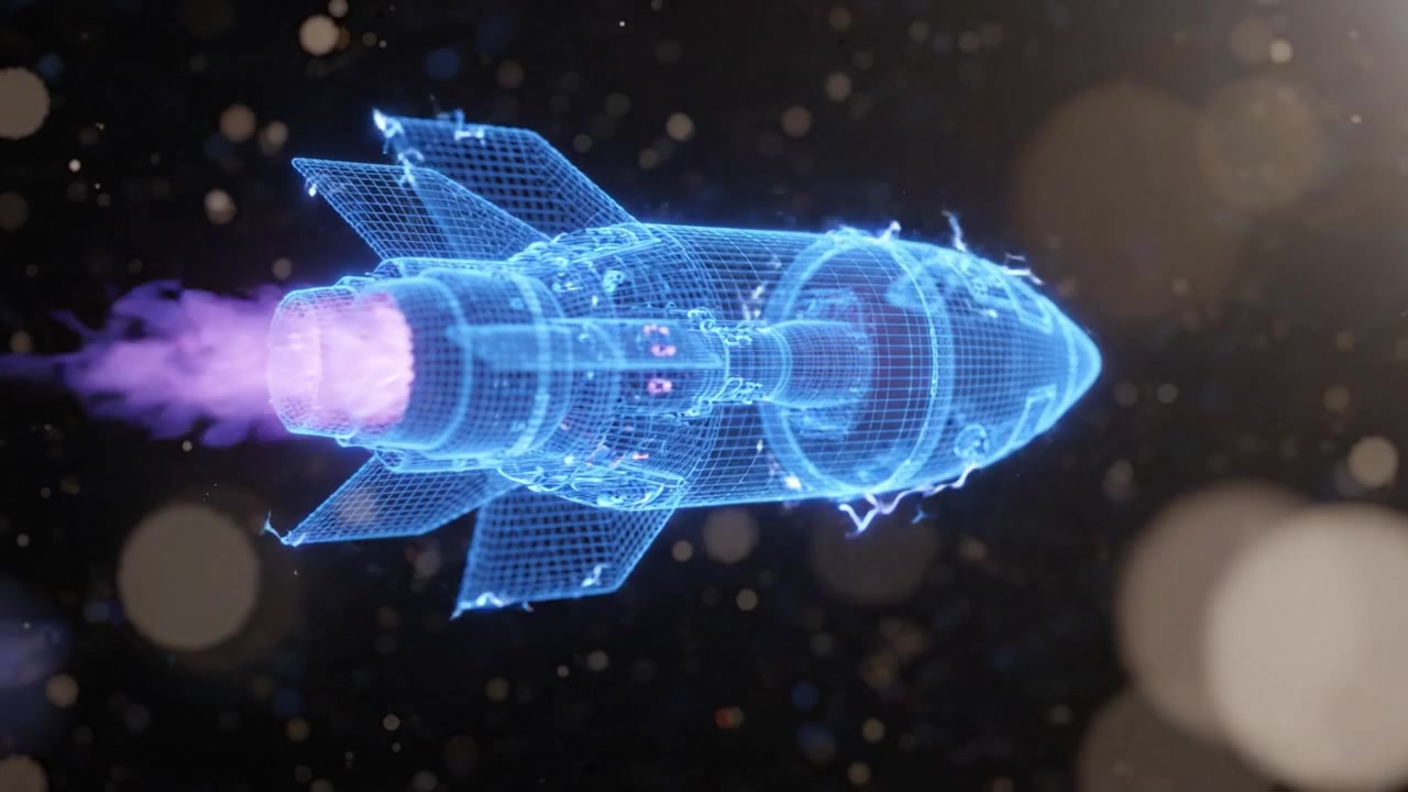 A Futuristic Rocket Model Visualized with a High-Tech Holographic Display in Motion, Showcasing its Sleek Design and Dynamic Engine Flames for a Stellar Journey