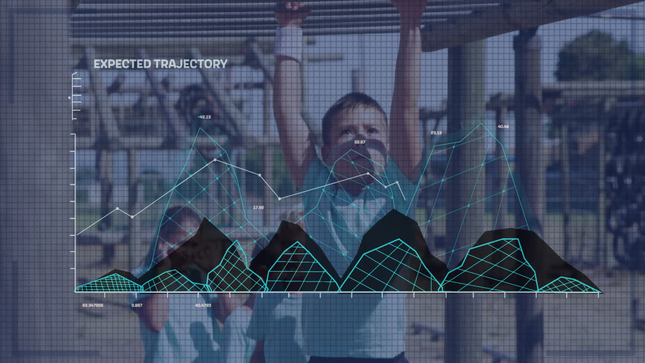 Animation of data graphs overlaying children playing on monkey bars at school
