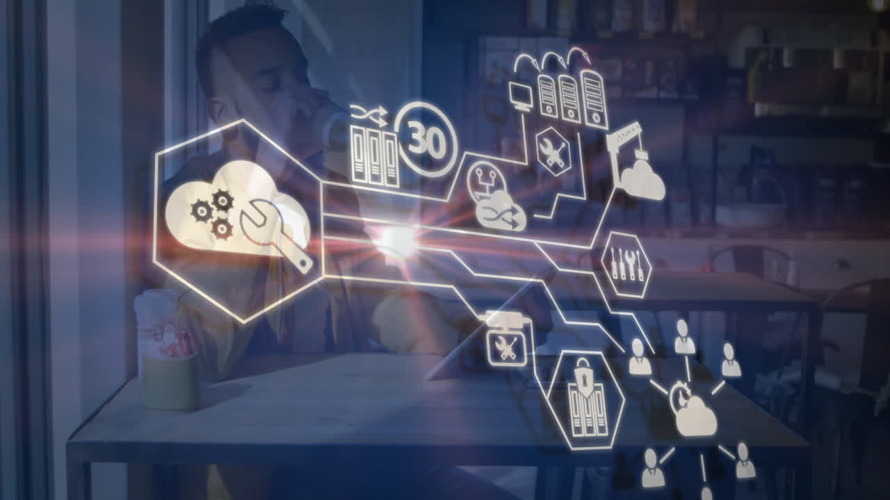 animación de iconos digitales sobre hombre afroamericano con tableta digital bebiendo café en una cafetería