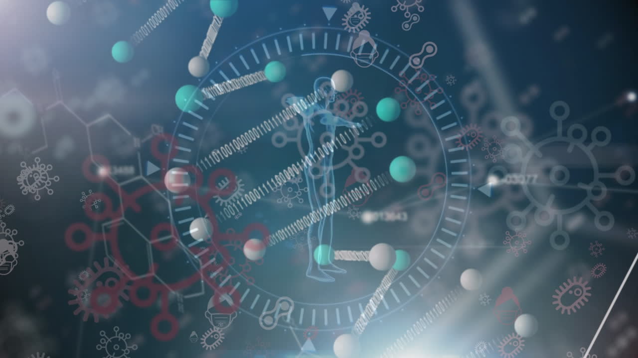 코로나19 세포와 화학 물질 구조를 파란색 배경으로 회전시키는 인체 모델