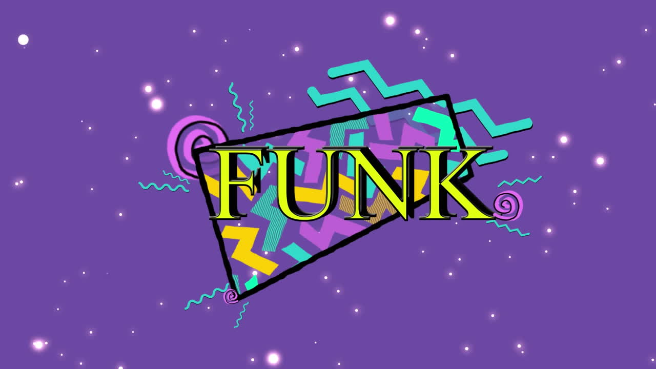 animación de texto funk en amarillo con formas geométricas coloridas sobre estrellas en fondo púrpura