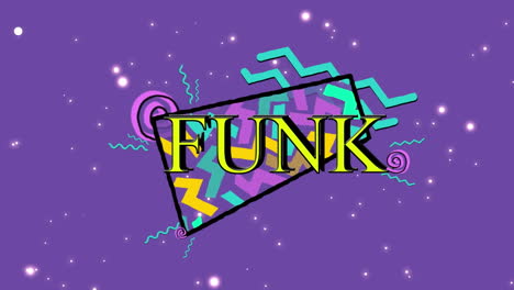 animation of funk text in yellow with colourful geometric shapes over stars on purple background