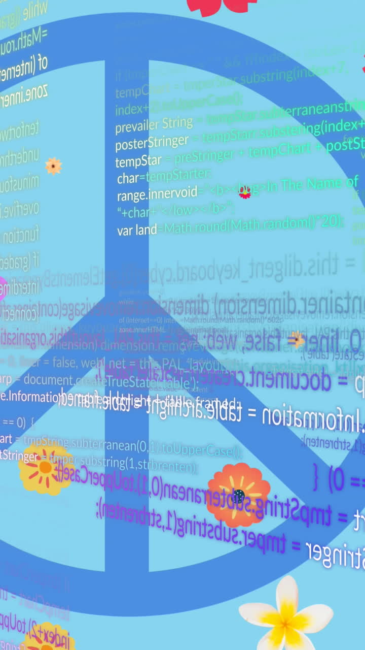 Animation of flowers and data processing over blue background with peace symbol