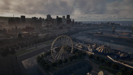 aerial view of ferris wheel in urban cityscape