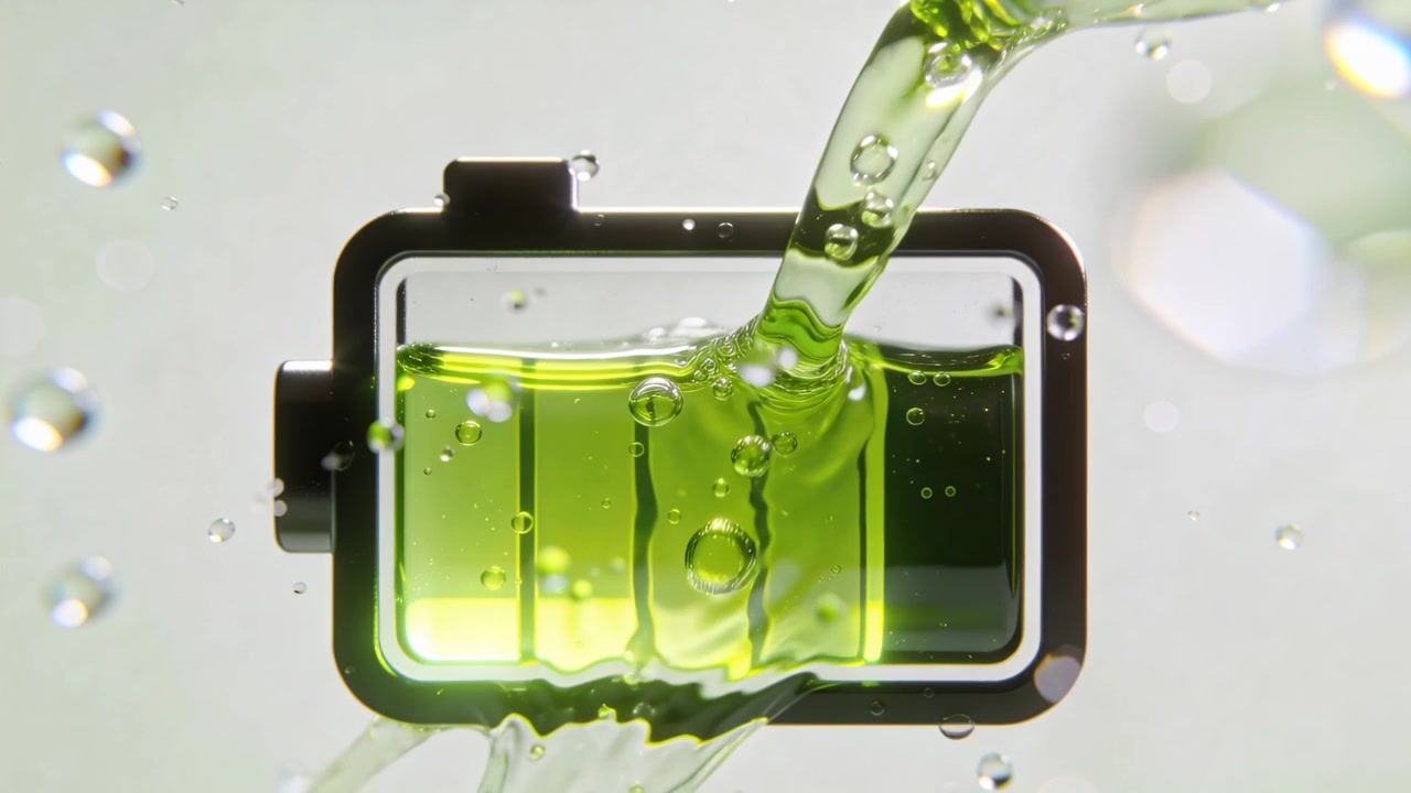 Pouring stream from right filling battery outline near full with green fluid and bubbles in studio