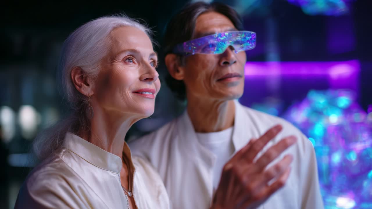 Two individuals, a woman with silver hair and a man wearing futuristic glasses, observe captivating holographic displays in a vibrant, high-tech environment that reflects innovation and curiosity