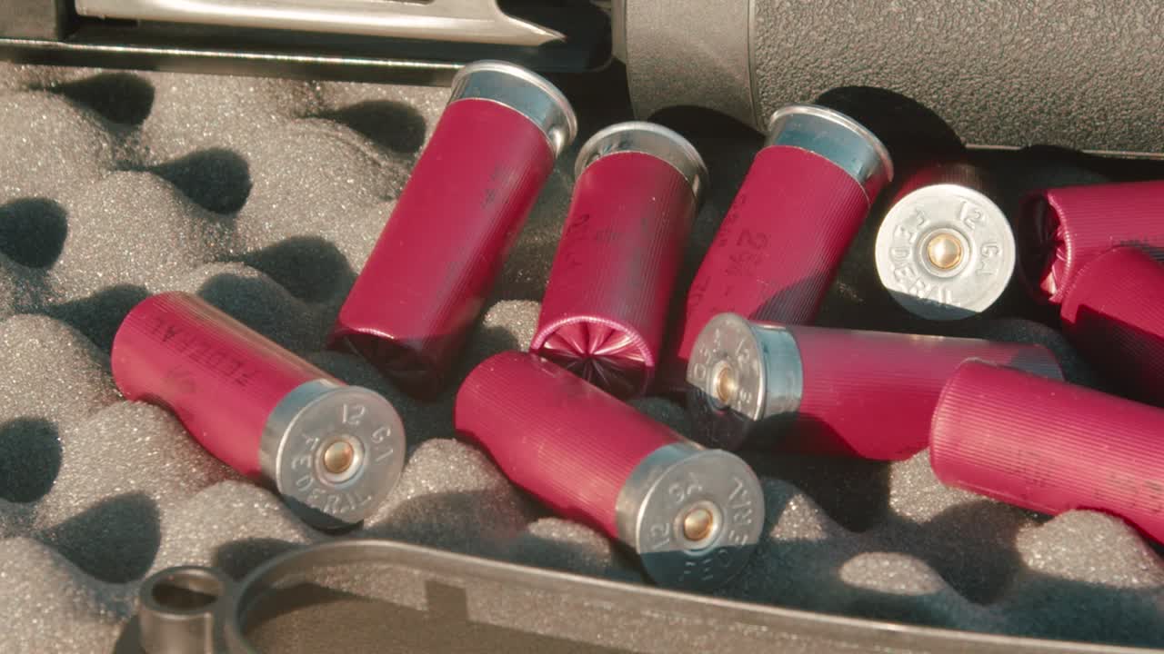 Shotgun shells scattered in a gun case. Static camera