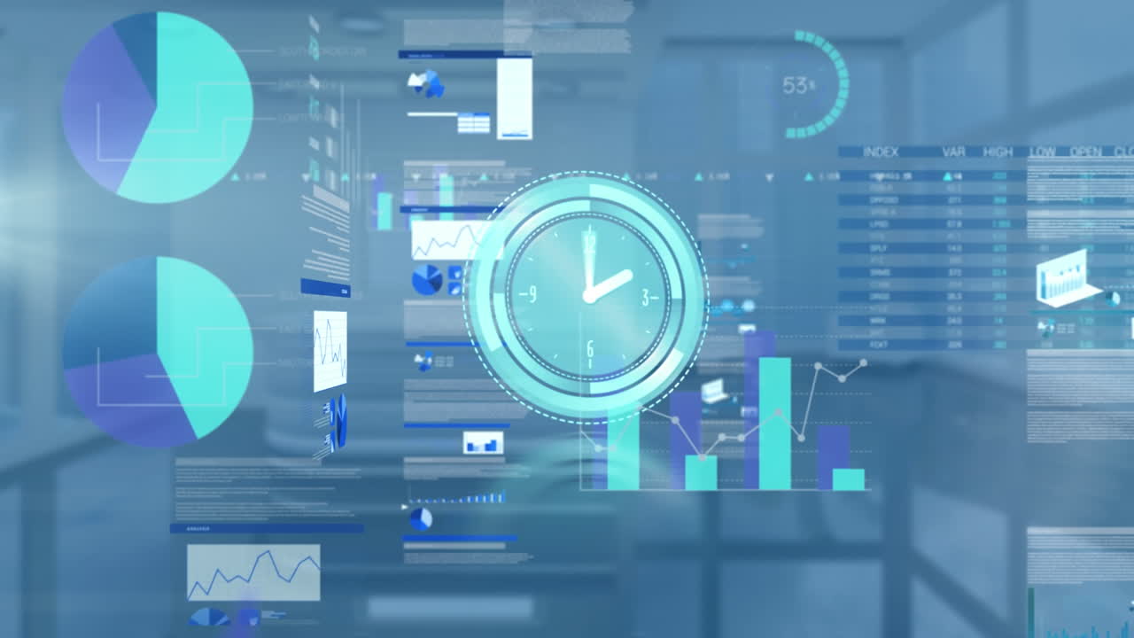 Animation of digital clock over infographic interface and trading board on empty room