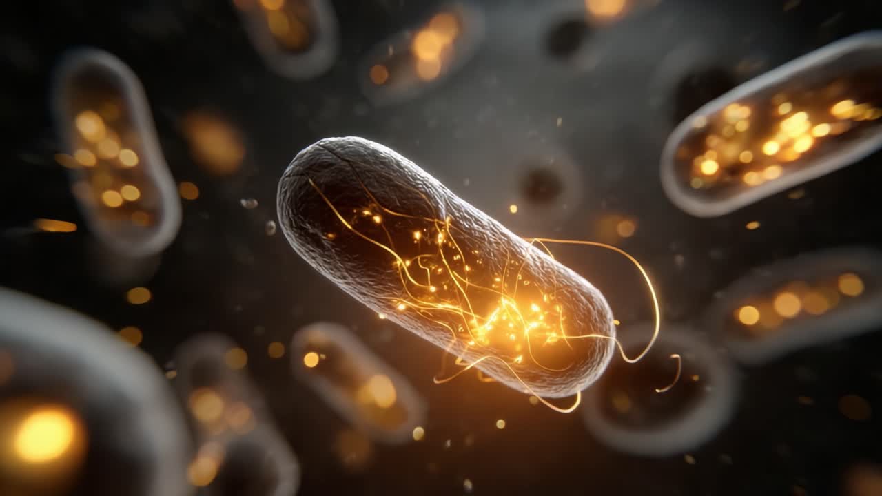 Visualizzazione dinamica delle strutture batteriche illuminate da campi energetici, che evidenzia complessi processi biologici e interazioni microscopiche su uno sfondo scuro