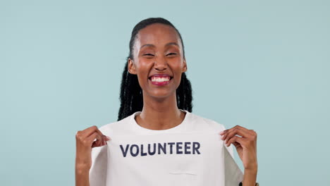 Volunteer,-tshirt-and-a-woman-with-hand-gesture