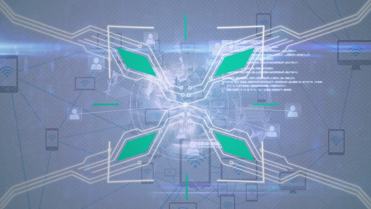 회색 바탕에 글로브와 연결 네트워크가 있는 회로판 위의 범위의 애니메이션