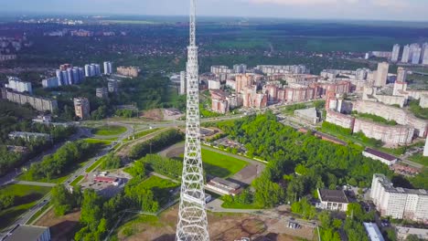 aerial view of a city with a tower