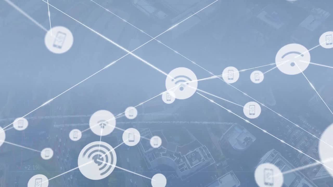 animación de iconos de red inalámbrica que se conectan con líneas sobre una vista aérea de la ciudad