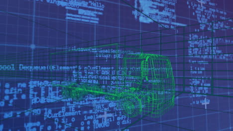 Animation of data processing over digital lorry on blue background
