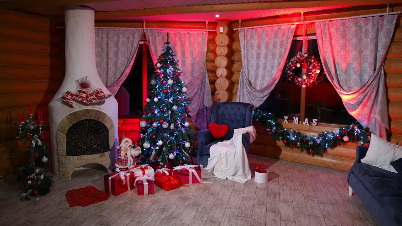 Cozy room with a Christmas atmosphere. Comfortable home environment with Christmas tree and gifts. Spirit of Christmas and New Year.