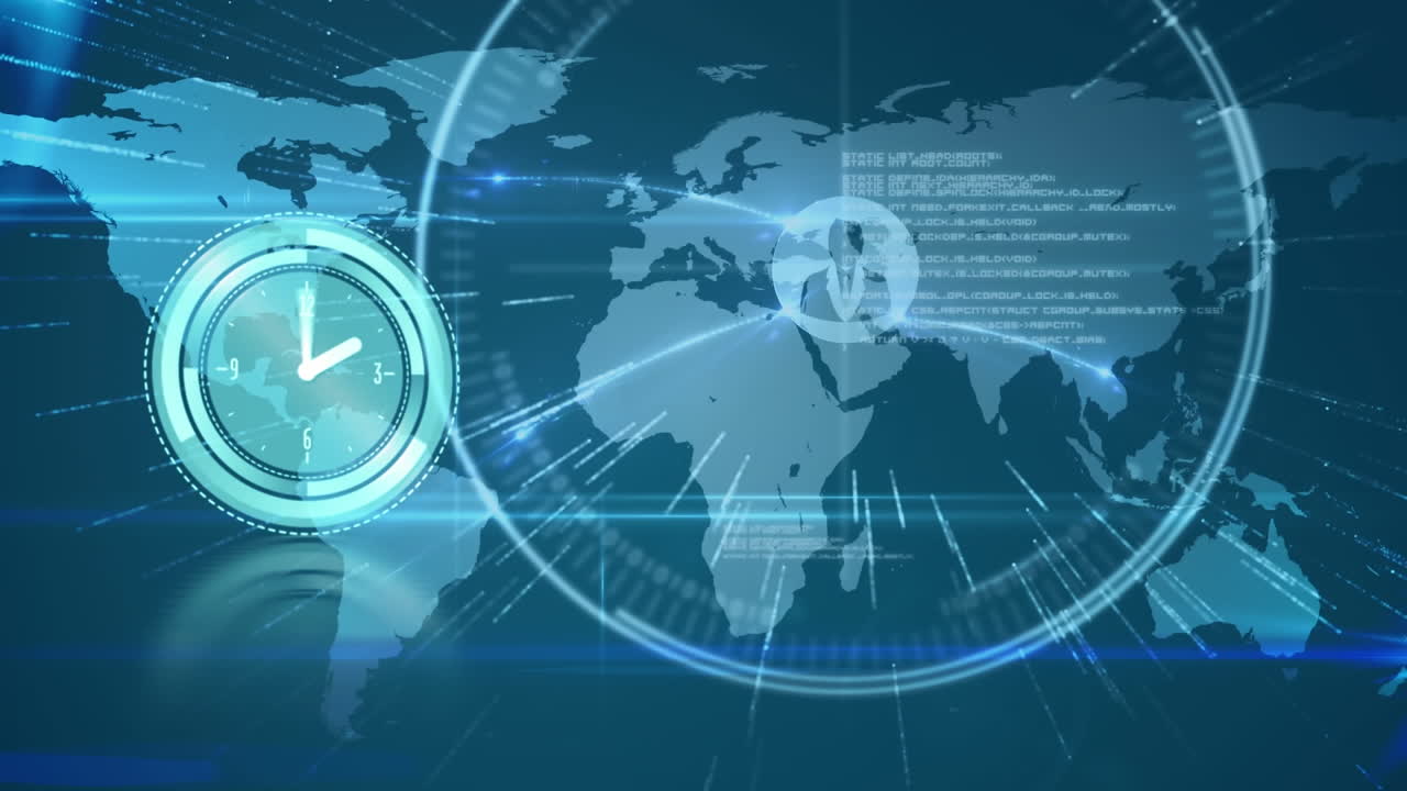 세계 지도 위의 연결 네트워크와 함께 시계의 애니메이션