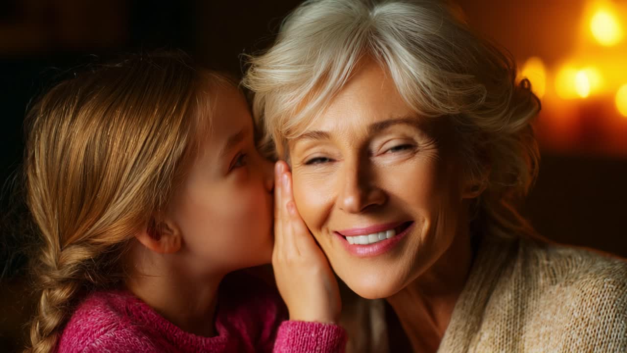 A Heartwarming Moment of Connection Between a Grandchild and Grandparent as They Share Secrets and Joyful Smiles in a Cozy, Warm-lit Setting, Highlighting Their Unbreakable Bond and Generational Love