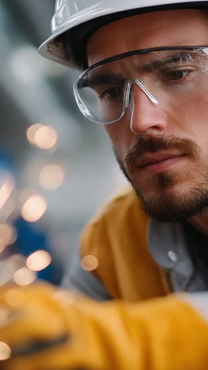 Focused Worker Engaged in Metalwork Process Wearing Safety Gear and Protective Eyewear, Illuminated by Glimmering Sparks in Industrial Environment