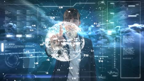 Animation-of-businessman-using-digital-interface-showing-world-map-and-information