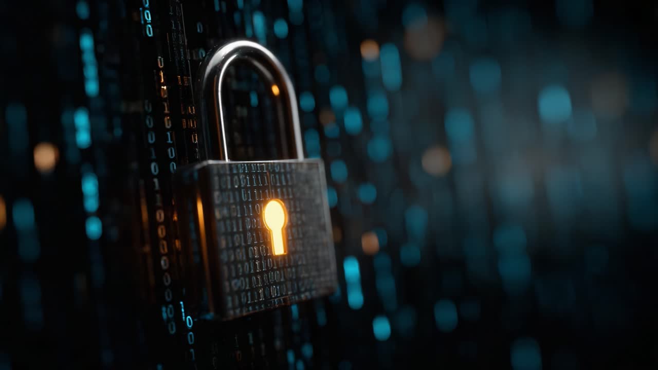 Digital Security Lock Featuring a Shiny Padlock Illuminated Against a Backdrop of Manipulated Binary Code Representing Data Protection and Cybersecurity Themes