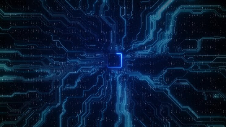 Dati digitali in movimento, circuito stampato, CPU, elaborazione dati computer, astratto, alta tecnologia artificiale