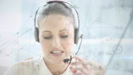 Animation-of-network-of-connections,-statistics-over-businesswoman-using-phone-headsets