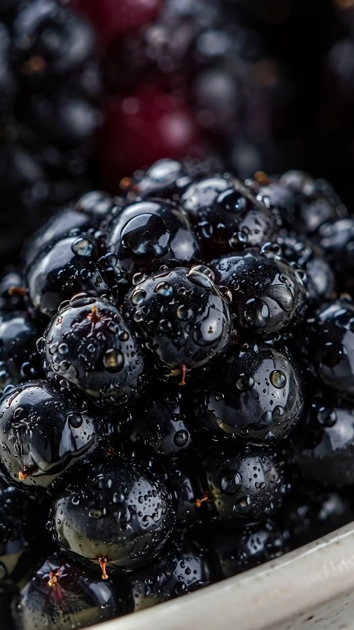 Primo piano macro ravvicinato di more coperte di goccioline disposte in una ciotola di ceramica decorata, con un leggero spostamento della messa a fuoco attraverso le drupeole lucide, luce direzionale morbida, contrasto ricco e frutta fresca appetitosa