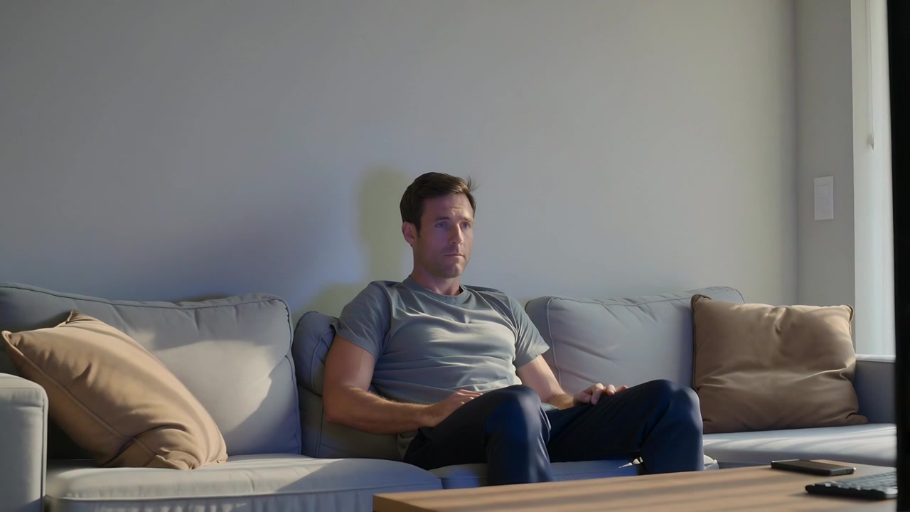 Un uomo in maglietta grigia e pantaloni scuri si sistema sul divano, mentre la telecamera si stringe e si concentra sulla TV con il telecomando.
