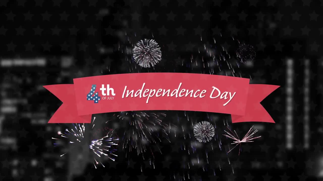 도시 풍경을 배경으로 한 불꽃놀이와 함께 독립기념일 텍스트