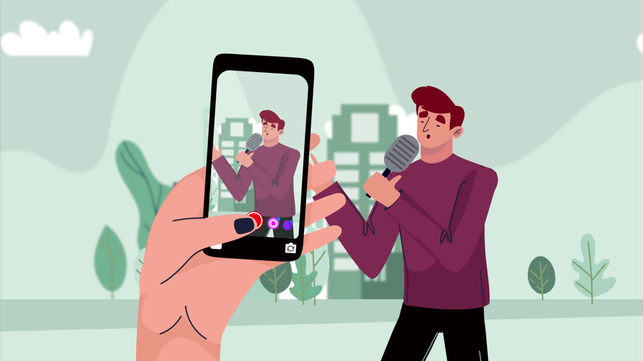 남자가 마이크로 노래하고, 공원에서 스마트폰으로 녹음되고 있습니다.