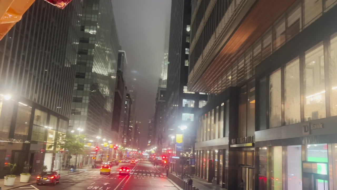Foggy night street in Manhattan New York