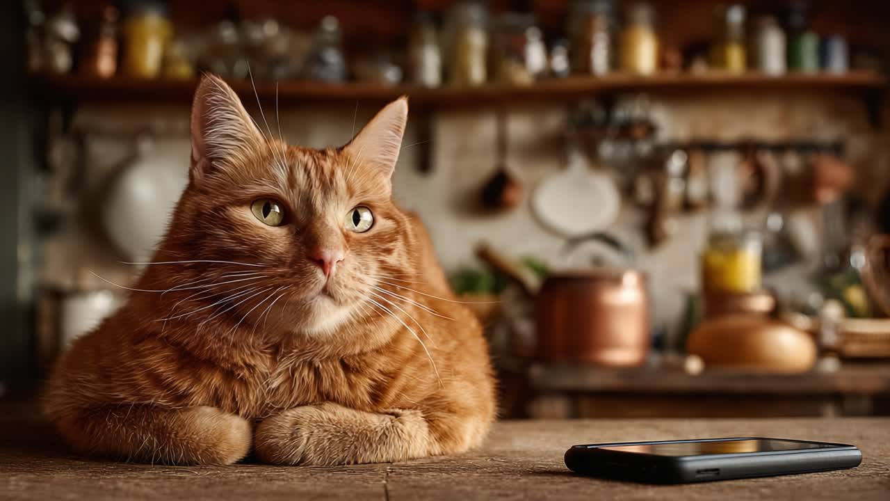 Un sereno gatto rosso che si rilassa in un'accogliente cucina, catturato in un momento di pace su un tavolo rustico con utensili da cucina sullo sfondo.