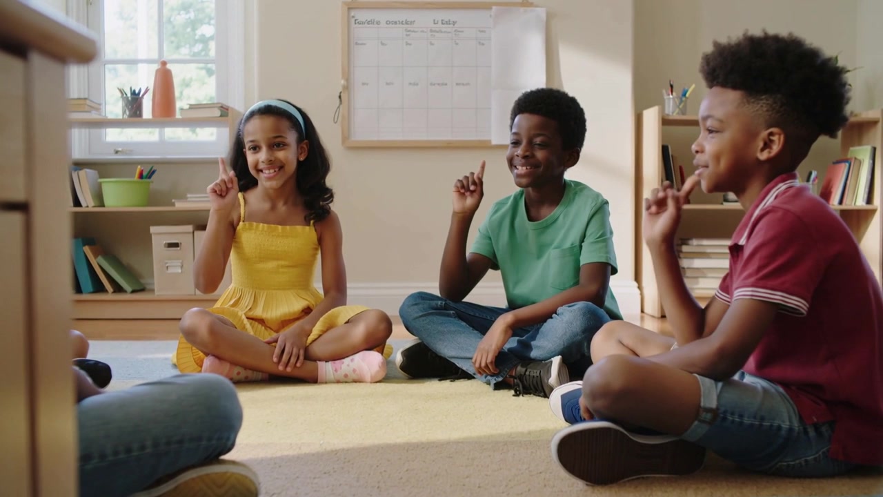 Raising kids in yellow dress, green, red shirts lifting index fingers on rug after teacher prompt