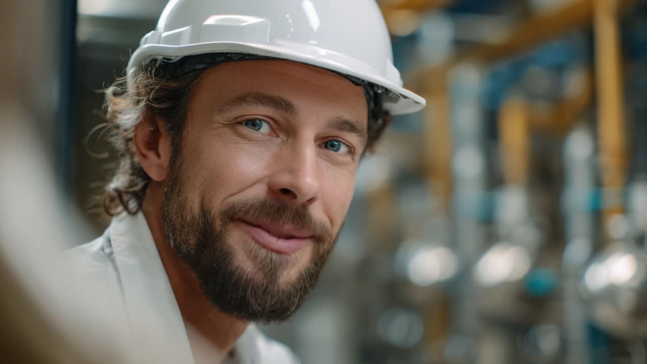 A confident worker in a helmet smiles warmly, embodying professionalism and expertise in a modern industrial environment, showcasing a spirit of teamwork and safety