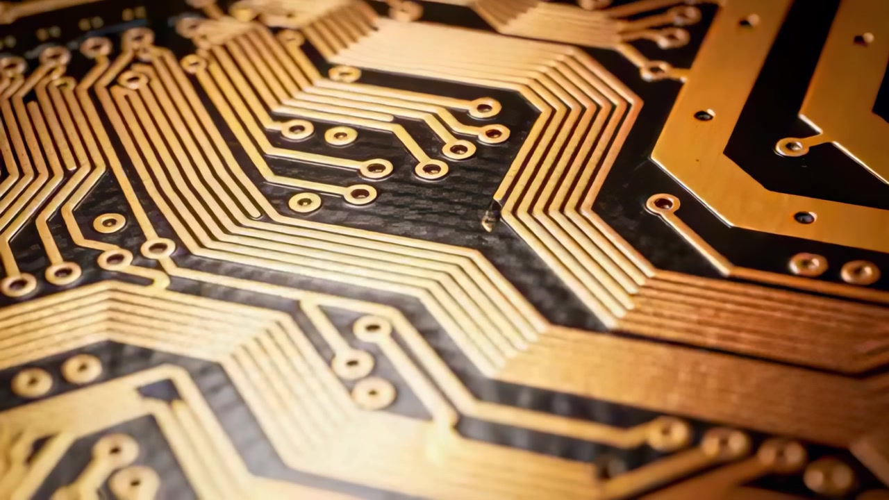Makro-rig starter og zoomer hen over et bart printkort (PCB) på en arbejdsbænk, viser kobberspor og belagte vias.