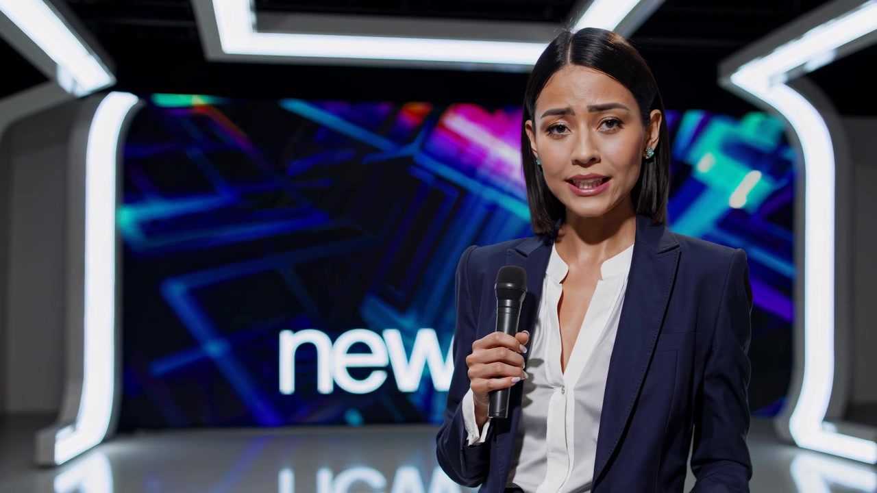 Presentadora de noticias hablando en un estudio de televisión moderno