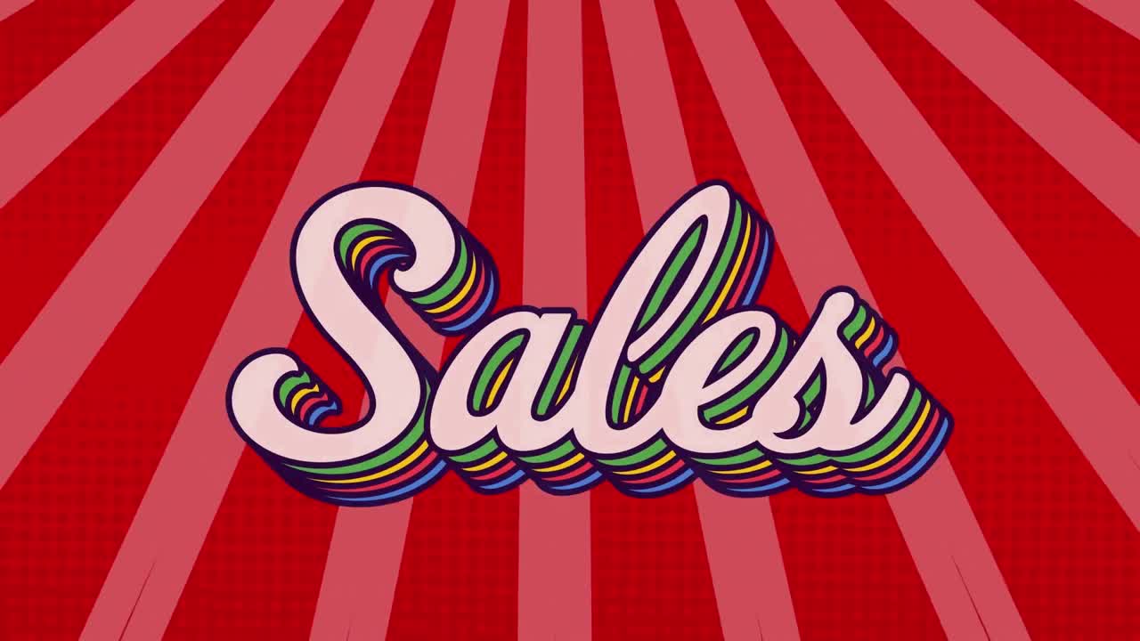 animación digital del texto de ventas con efecto de sombra de arco iris contra un fondo radial rojo