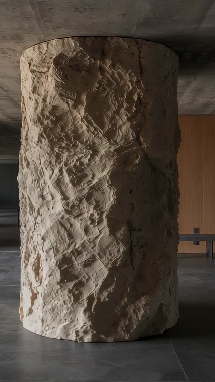 Video verticale: inquadratura che rivela la camera che si solleva oltre un pilastro irregolare nella hall, mostrando una texture scolpita