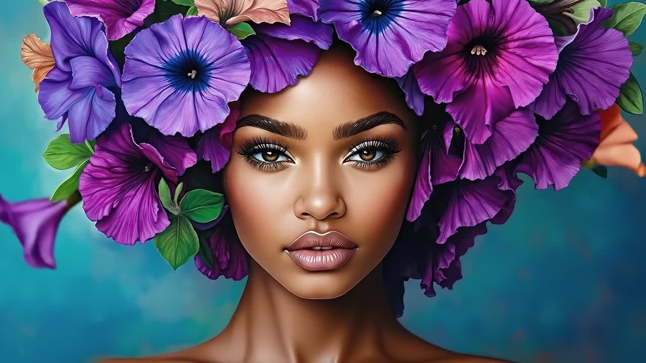 una mujer con flores púrpuras en el cabello