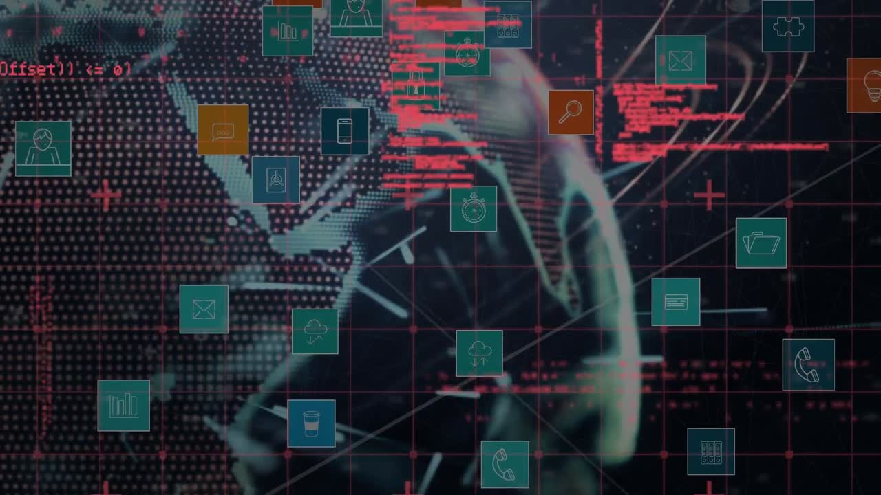 procesamiento de datos y iconos digitales múltiples contra rastros de luz sobre el globo giratorio