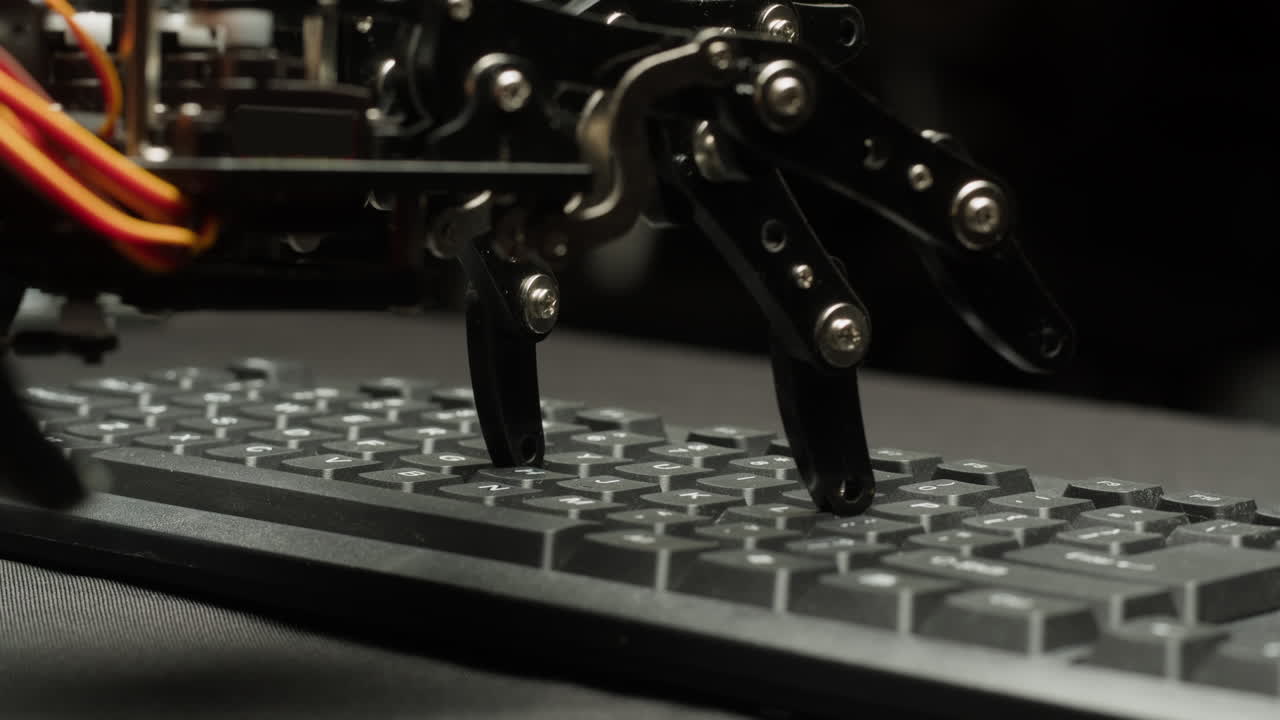 робот, печатающий рукой на клавиатуре