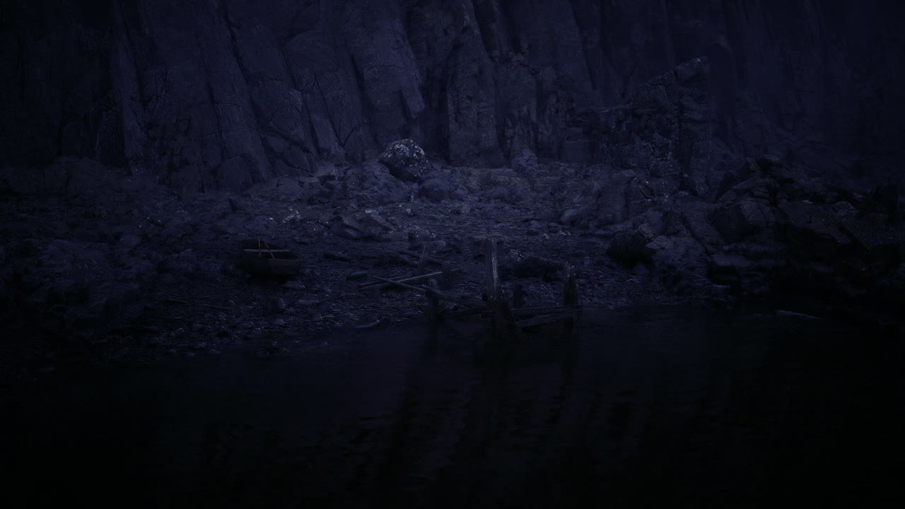 Serene darkness surrounding reflective water beneath starless night sky