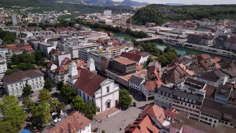 olten old town switzerland aerial drone st. peter's church main square europe