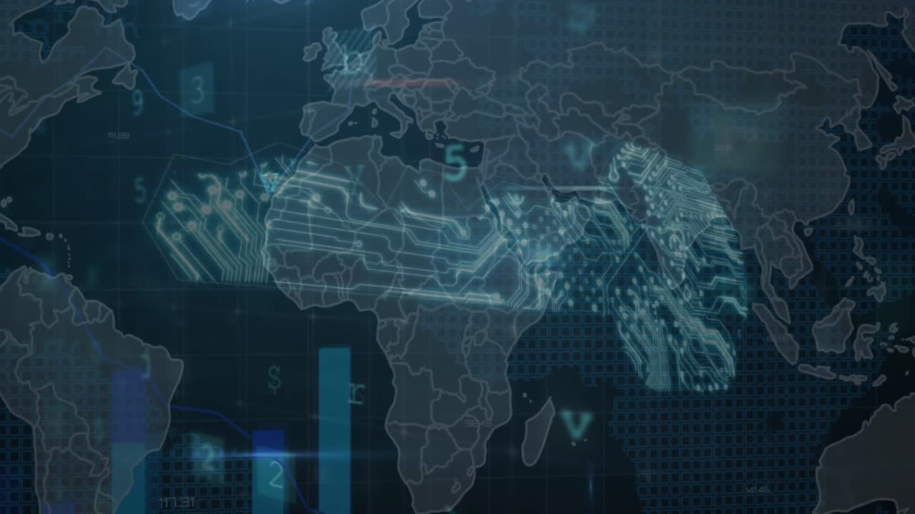 Animation of cyber security and statistical data processing over security key icon against world map