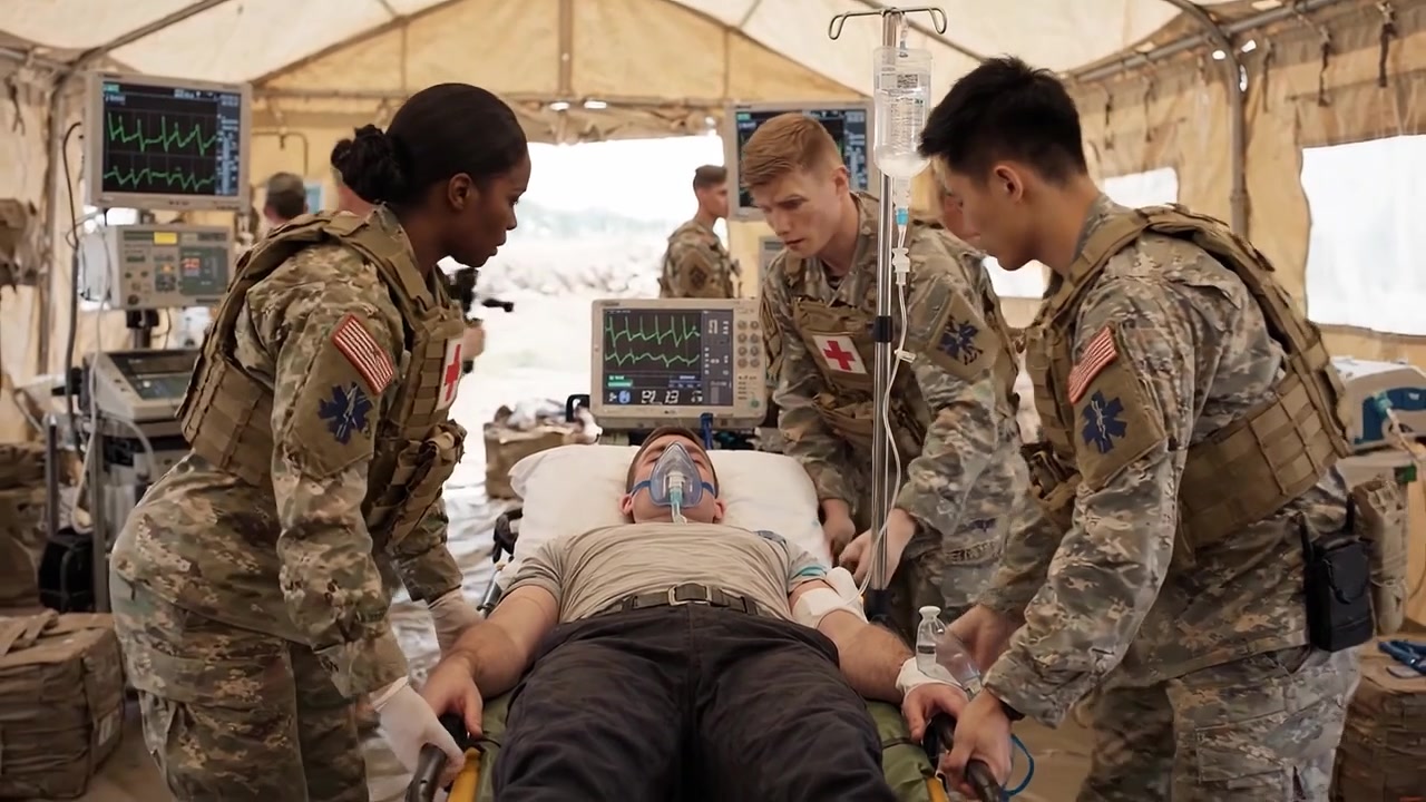 Medici militari che forniscono cure critiche in un ambiente ad alta pressione, assistendo un paziente in un ospedale da campo, dimostrando lavoro di squadra e dedizione.