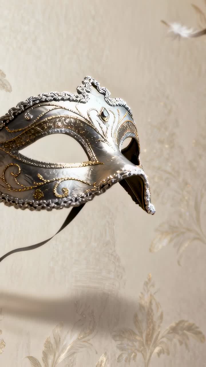 Video verticale: Brezza che muove una maschera d'argento verso sinistra contro una parete damascata, con piume che ondeggiano e spazio per il testo.