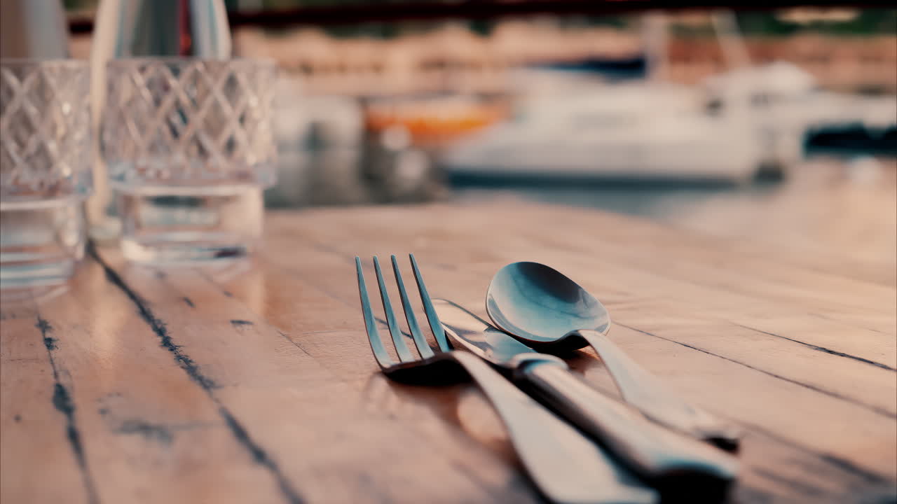 Close up view of a set table and the atmosphere at a restaurant near a port in the south of France